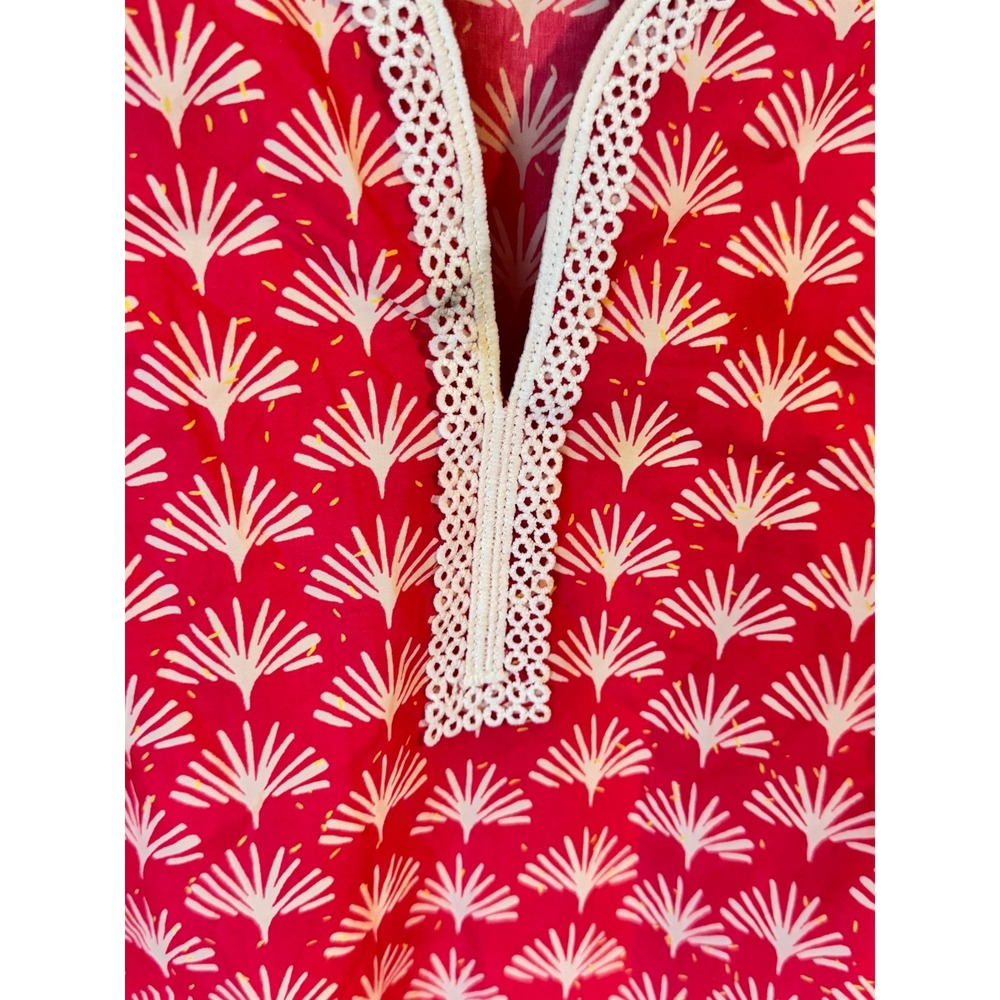Talbots Red White Shell Print Cotton Tunic Top Crochet Lace V-Neck Size M - Picture 3 of 6